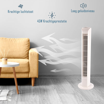 Opvallende Witte Staande Ventilator | 78 cm Hoog | 12 cm Breed | Torenventilator Met 3 snelheden | 3 Oscillatie Snelheden | 45W | 220-240V/50HZ |  Krachtige Luchtstroom Maak Slaapkamers En Woonkamers In Een Mum Van Tijd Koel