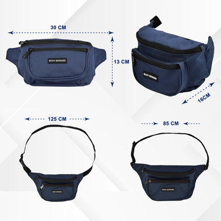 Heuptas Crossbody Blauw-Navy | Waterafstotend Nylon | 3 Compartimenten | 13cm x 30cm | Festival Tas Inclusief Binnenvak | Heuptas Dames & Heren | Schoudertas Dames Voor Wandelen En Reizen