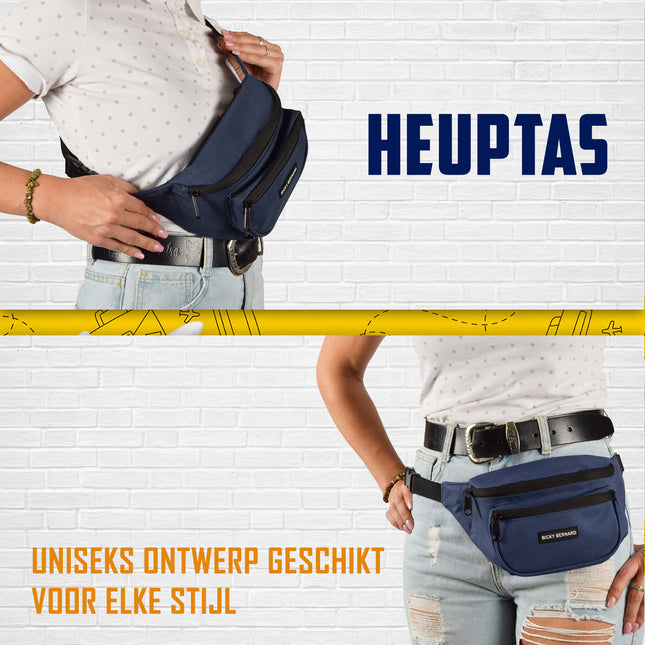Heuptas Crossbody Blauw-Navy | Waterafstotend Nylon | 3 Compartimenten | 13cm x 30cm | Festival Tas Inclusief Binnenvak | Heuptas Dames & Heren | Schoudertas Dames Voor Wandelen En Reizen