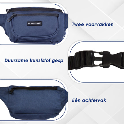 Heuptas Crossbody Blauw-Navy | Waterafstotend Nylon | 3 Compartimenten | 13cm x 30cm | Festival Tas Inclusief Binnenvak | Heuptas Dames & Heren | Schoudertas Dames Voor Wandelen En Reizen