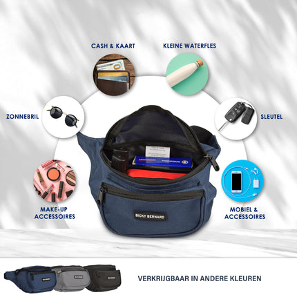 Heuptas Crossbody Blauw-Navy | Waterafstotend Nylon | 3 Compartimenten | 13cm x 30cm | Festival Tas Inclusief Binnenvak | Heuptas Dames & Heren | Schoudertas Dames Voor Wandelen En Reizen