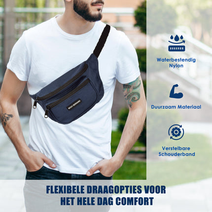 Heuptas Crossbody Blauw-Navy | Waterafstotend Nylon | 3 Compartimenten | 13cm x 30cm | Festival Tas Inclusief Binnenvak | Heuptas Dames & Heren | Schoudertas Dames Voor Wandelen En Reizen