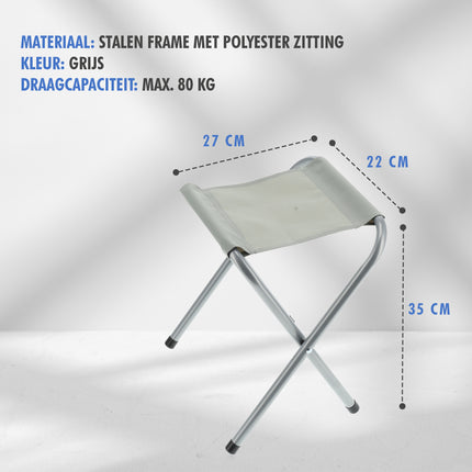 Opvouwbaar Camping Krukje - 35cm Zithoogte - Stalen Frame - Grijs - Viskrukje - Belastbaar tot 80kg