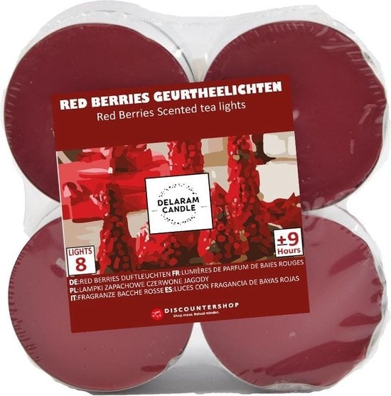 Theelichten met 9 Branduren - Waxinelichtjes - Geurtheelichten -theelichten - 8 Theelichten met Geur -Red Berries geur theelichten