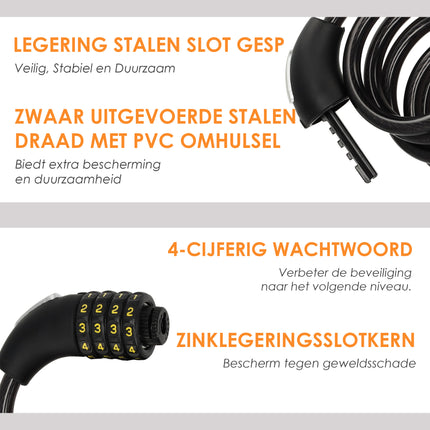 1x Topkwaliteit Zwarte Fietssloten Set met Cijfer- en Kabelslot - Anti-Diefstal, Lichtgewicht (85g), 180cm x 10mm
