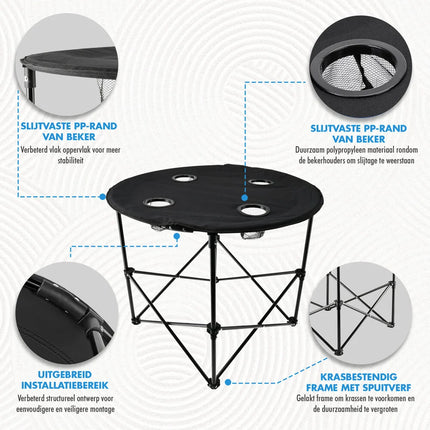 Picknicktafel Inklapbaar Ø 72,5 cm - Lichtgewicht Campingtafel met Bekerhouders & Hoes - Ronde Opvouwbare Tafel voor Binnen & Buiten