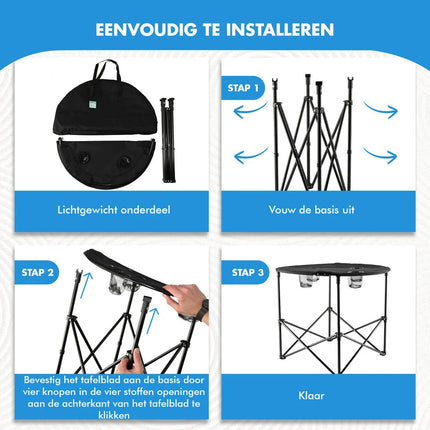 Picknicktafel Inklapbaar Ø 72,5 cm - Lichtgewicht Campingtafel met Bekerhouders & Hoes - Ronde Opvouwbare Tafel voor Binnen & Buiten