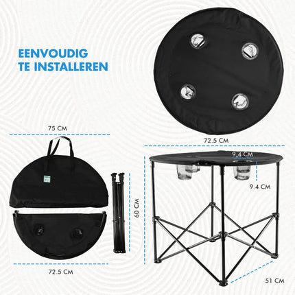 Picknicktafel Inklapbaar Ø 72,5 cm - Lichtgewicht Campingtafel met Bekerhouders & Hoes - Ronde Opvouwbare Tafel voor Binnen & Buiten