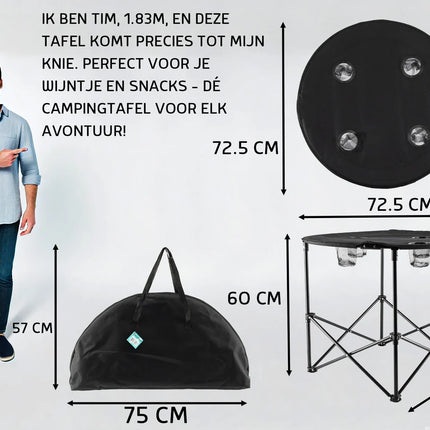 Picknicktafel Inklapbaar Ø 72,5 cm - Lichtgewicht Campingtafel met Bekerhouders & Hoes - Ronde Opvouwbare Tafel voor Binnen & Buiten