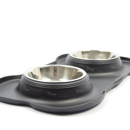 Dubbele Voerbak Hond RVS 46x27x4 cm - Drinkbak met Siliconen Placemat - Voerbak Kat - Zwart