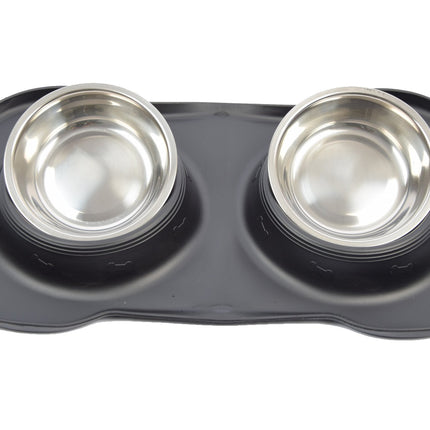 Dubbele Voerbak Hond RVS 46x27x4 cm - Drinkbak met Siliconen Placemat - Voerbak Kat - Zwart