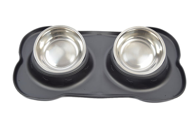 Dubbele Voerbak Hond RVS 46x27x4 cm - Drinkbak met Siliconen Placemat - Voerbak Kat - Zwart