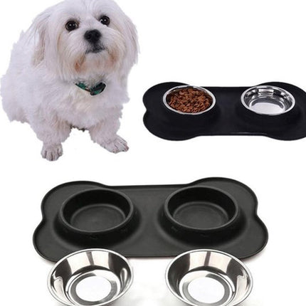 Dubbele Voerbak Hond RVS 46x27x4 cm - Drinkbak met Siliconen Placemat - Voerbak Kat - Zwart