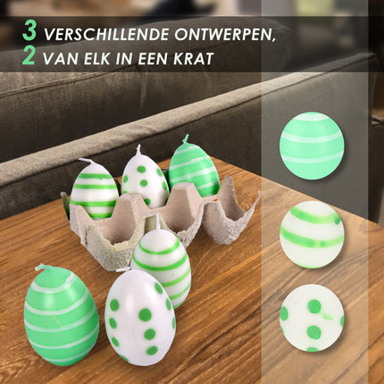 Paasei Kaarsen Set van 6 | Uniek Paasdecoratie Idee | Groen/Wit – 6cm Hoogte | Kleine ei Kaars voor Elke Gelegenheid