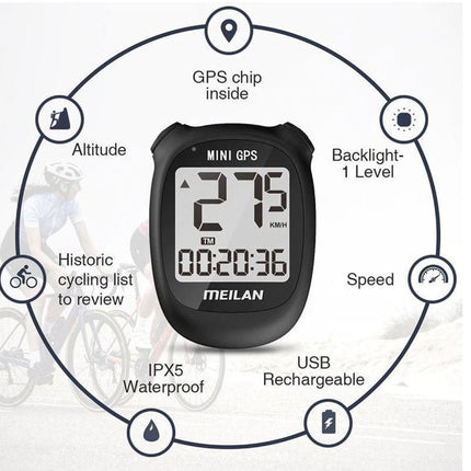 Fietscomputer IPX6 - USB oplaadbaar - Fietscomputer 1.6 inch mono LCD - Zwart