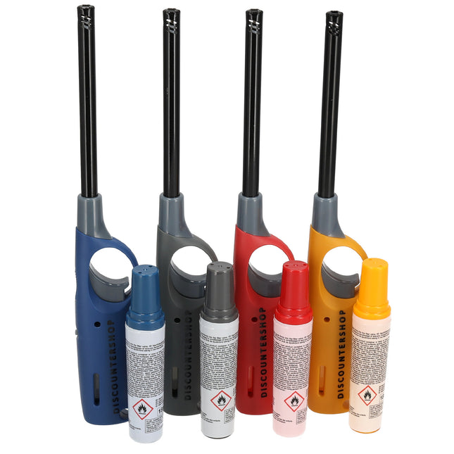 Elektrische gasaanstekers | Set van 4 met navulling | navulbaar - blauw, geel, rood, grijs | beste aansteker voor bbq & kaarsen | 25.5cm lengte  