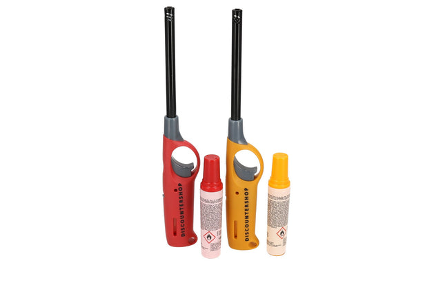 Gas aansteker navulbaar - set van 2 | beste aansteker voor bbq, keuken, en wonen | rood & geel | 25.5cm lengte  