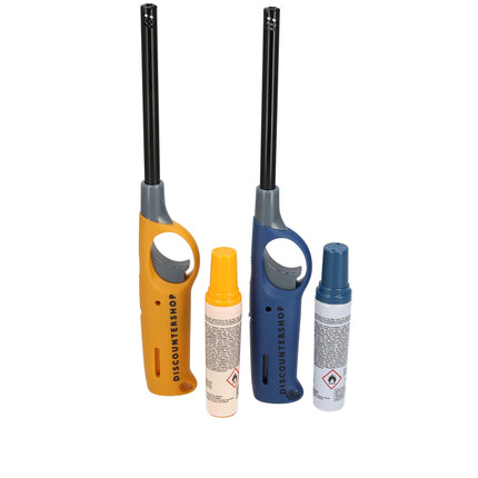 Elektrische aansteker incl. navulling | set van 2 in geel & blauw | 25.5cm | navulbare gasaansteker voor keuken, kamperen & meer 