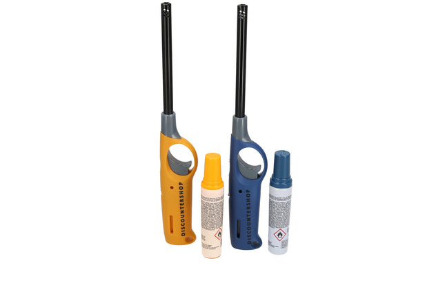 Elektrische aansteker incl. navulling | set van 2 in geel & blauw | 25.5cm | navulbare gasaansteker voor keuken, kamperen & meer 