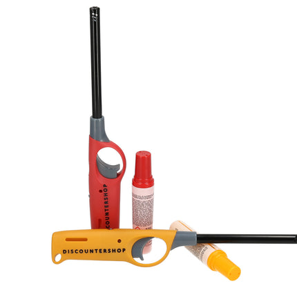 Gas aansteker navulbaar - set van 2 | beste aansteker voor bbq, keuken, en wonen | rood & geel | 25.5cm lengte  