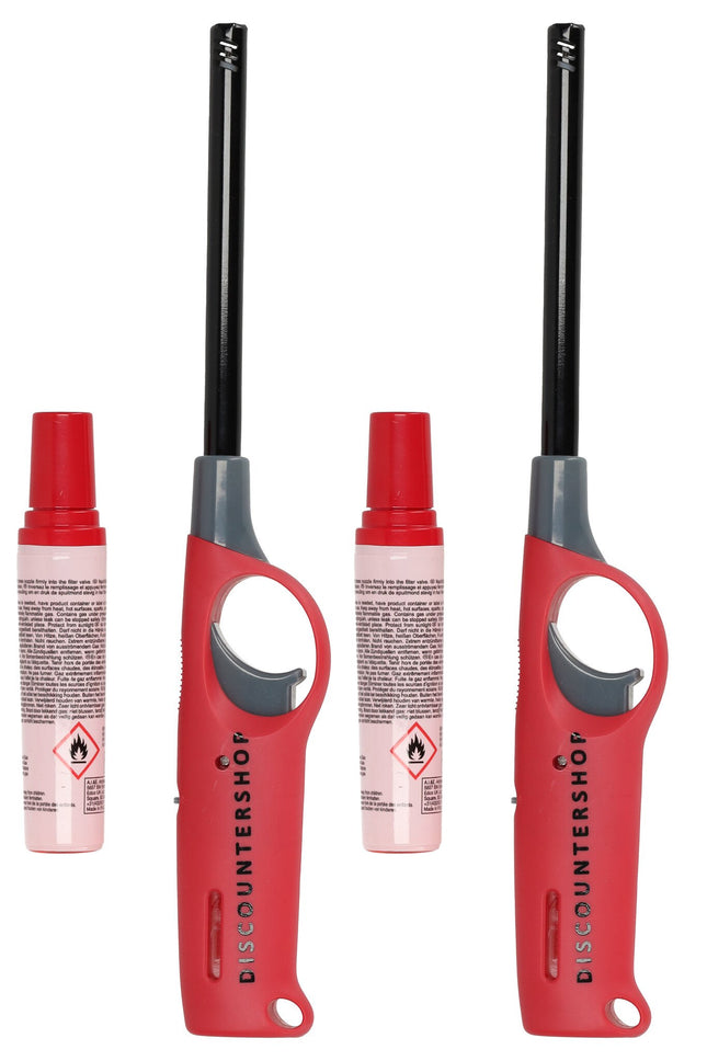 Elektrische gas aansteker | set van 2 in rood | 25.5cm lengte | navulbare gasaansteker voor bbq & kamperen -  incl. navulling 
