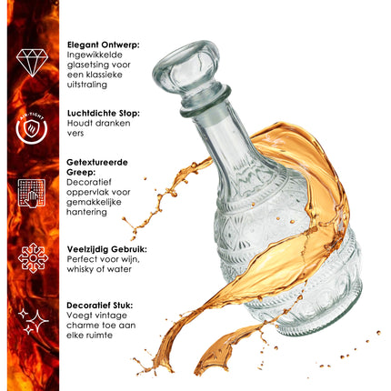 Whiskey karaf 1 Liter - klassieke whiskey decanter glazen karaf voor whisky, bourbon, likeur - limonade luxe karaf geschenken - feestelijk