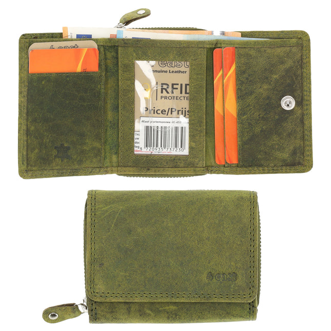 Unisex Overslagportemonnee Heren & Dames | Echt Leren Portemonnee met RFID | Kleine Portemonnee met Rits | Pasjeshouder met 5 Vakken | Cadeau voor Hem & Haar | 11x9x3 cm - Olijfkleurig