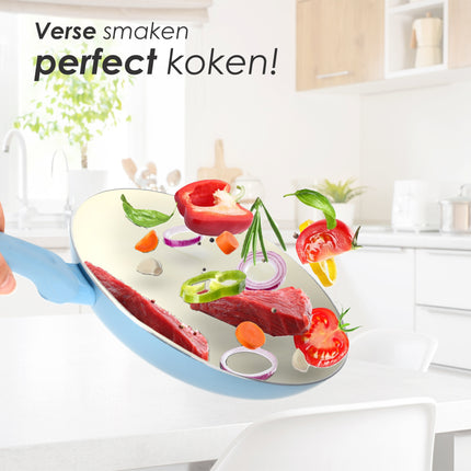 Keramische Koekenpan 24 cm | Geschikt voor Inductie, Gas & Halogeen | Vaatwasmachinebestendig | Blauw/Wit