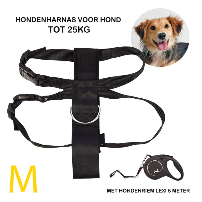 Flexi Leash en Harnas voor Hond | Maat M tot 25kg | Hondenriem 5 Meter met Comfortabel Remsysteem en Stabiele Tape | Nylon Hondenharnas met Klikgesp | Zwarte Lexi Hondenriem met Karabijnhaak 