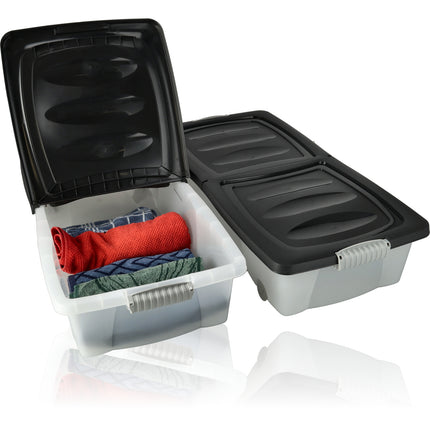 2x Opbergbox - Onderbedbox 32 L zwart 80 x 40 x 17 cm- deksel met clipsluiting