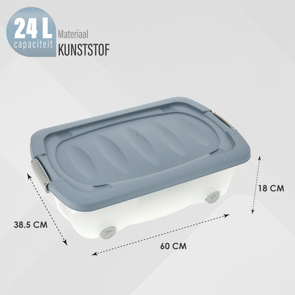 Set van 2 Opbergboxen 24L Blauw/Transparant - Onderbedboxen met Wielen & Druksluiting - Voor Speelgoed, Kleding & Onder Bed Opslag