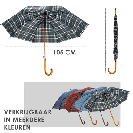 Windproof Paraplu Geruit - Groen - Ø 105cm Paraplu met Houten Handvat - Klassieke Regenparaplu