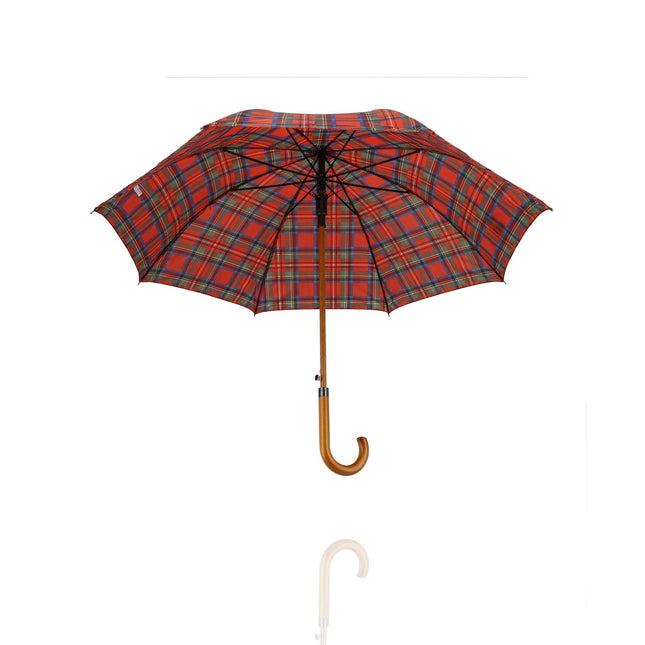 Paraplu met Schotse Ruit - Rood - Ø 105cm - Tartan Paraplu met Houten Handvat - Automatische Openen & Windbestendig