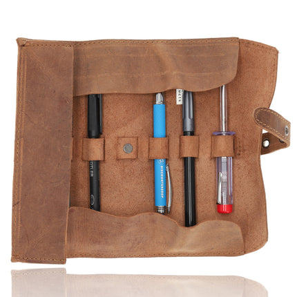 Pen -Pen Etui Vintag|authentiek design - Handgemaakte Roletui van Buffelleer - Vintage Bruin - Met Gespsluiting - Leren Penhouder / Pouch voor Pennen - 20 x 8.5 cm