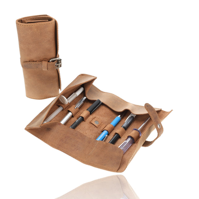 Pen -Pen Etui Vintag|authentiek design - Handgemaakte Roletui van Buffelleer - Vintage Bruin - Met Gespsluiting - Leren Penhouder / Pouch voor Pennen - 20 x 8.5 cm