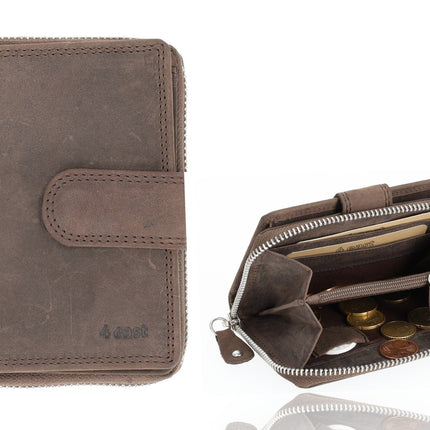 Portemonnee Heren & Dames -  Bruin Leren Portemonnee met 7 Pasjeshouder - RFID Bescherming - Portemonnee met Rits - Buffelleer - 13.5x10cm