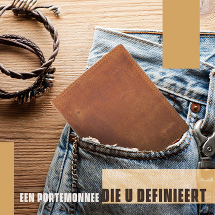 Heren Portemonnee – Leren Billfold Tan met RFID – Portemonnee voor 14 Pasjes & Contant Geld - Billfold Portemonnee 