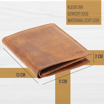 Heren Portemonnee – Leren Billfold Tan met RFID – Portemonnee voor 14 Pasjes & Contant Geld - Billfold Portemonnee 