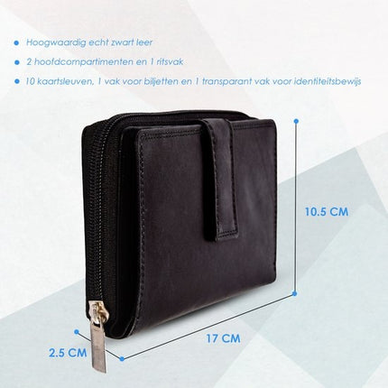 Zwarte Leren Portemonnee - Geldbeurs - Portemonnee met Rits voor Dames & Heren - 17x2.5x10.5cm 