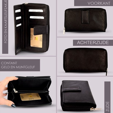 Zwarte Leren Portemonnee - Geldbeurs - Portemonnee met Rits voor Dames & Heren - 17x2.5x10.5cm 