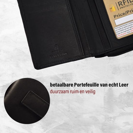 Zwarte Leren Portemonnee - Geldbeurs - Portemonnee met Rits voor Dames & Heren - 17x2.5x10.5cm 