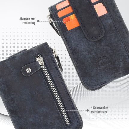  Portemonee met sleutelring & pasjehouder - dames & heren | rfid auto accessoires |navy echt leren portemonnee | 4 pasjeshouder en 2 sleutelring | 12.5x8x1cm  