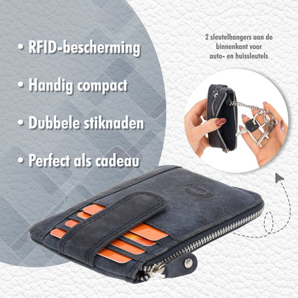  Portemonee met sleutelring & pasjehouder - dames & heren | rfid auto accessoires |navy echt leren portemonnee | 4 pasjeshouder en 2 sleutelring | 12.5x8x1cm  