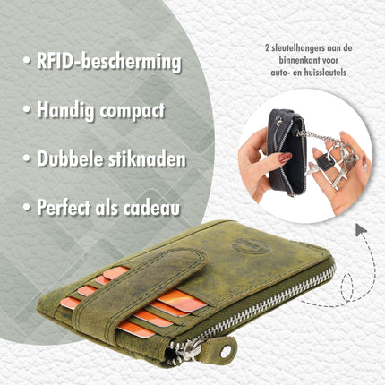 Sleutelhanger portemonnee | unisex - rfid bescherming | mini portemonnee met rits & pasjehouder | 4 kaartsleuven & 2 sleutelring | 12.5x8x1cm -olive 