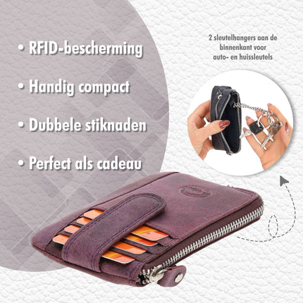 Mini sleutelhanger portemonnee |unisex rfid sleuteletui | kleine portemonnee met rits & pasjehouder | 4 kaartsleuven, 2 sleutelring & muntvak | 12.5x8x1cm - paars 