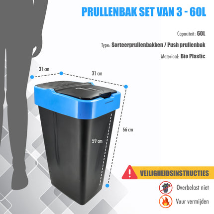Set van 3 Sorteer Prullenbakken 60L - Schommeldeksel - Afvalscheidingsbak - Zwart - 3-Delig XL Afvalemmer
