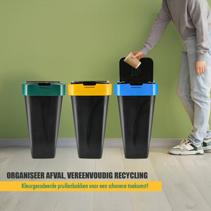 Set van 3 Sorteer Prullenbakken 60L - Schommeldeksel - Afvalscheidingsbak - Zwart - 3-Delig XL Afvalemmer