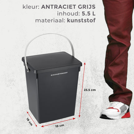 Vriendelijke Prullenbak | Afvalbak 5,5L | Vuilnisbak Met Deksel En Handgreep | Kunststof Vuilcontainer | 19cm x 18cm x 23.5cm | Anthracite Grey | Afvalemmer Voor Keuken, Kantoor, Badkamer 