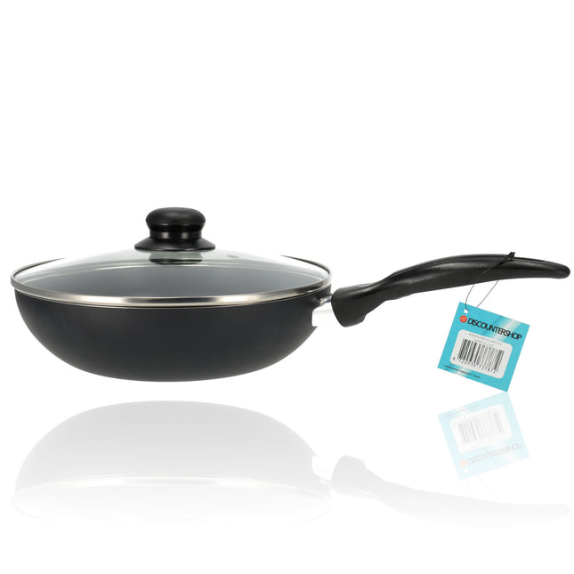 Koekenpan 24 Cm Met Deksel | Zwarte Antiaanbak Koekenpannen | Vaatwasserveilig & Magnetronbestendig | Geschikt Voor Gas, Electric, Ceramic & Halogen 