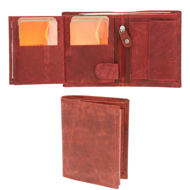 Rode Lederen Billfold Portemonnee van 4 East - 9x2x11 cm - 14 Creditcardvakjes - Muntenvak - Compact Formaat - voor Heren & Dames